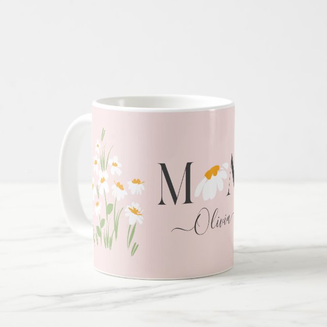 Mamma daisy blommigt babydusch nyfödd bebis rosa kaffemugg (Framsida vänster)