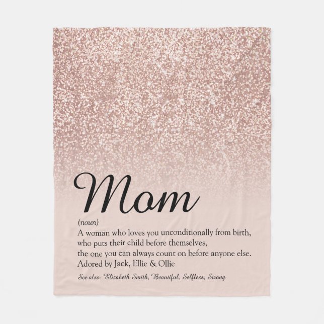 Mamma Definition Elegant Skrift Rosa Guld Glitter Fleecefilt (Framsidan)