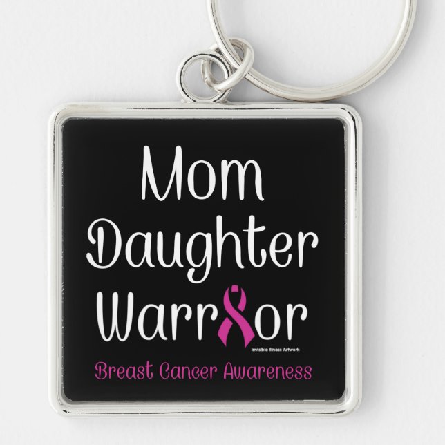 Mamma Dotter Warrior ...bröstcancer Fyrkantig Silverfärgad Nyckelring (Framsidan)