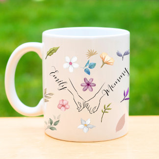 Mamma dotters moderna blommigt håller hand om kaffemugg