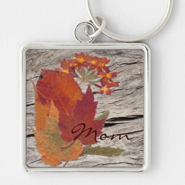 Mamma Dried Höst löv och Flowers Keychain Fyrkantig Silverfärgad Nyckelring (Framsidan)