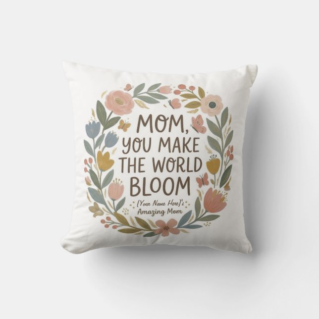 Mamma, du får världen att blomma" Boho blomsterkra Kudde (Framsida)
