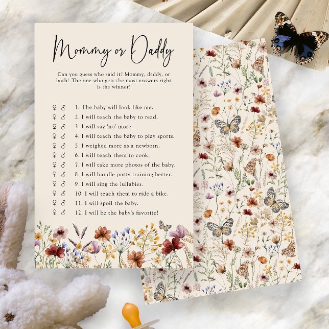 Mamma eller Baby-spel (Boho Floral Mommy Or Daddy Baby Game Card by Painted Paperie
)