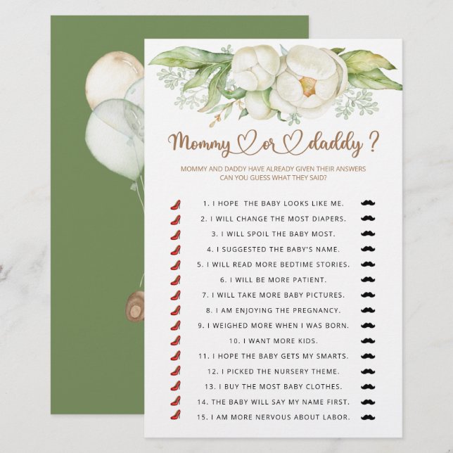 Mamma eller babyduschspel (Fram/baksida)