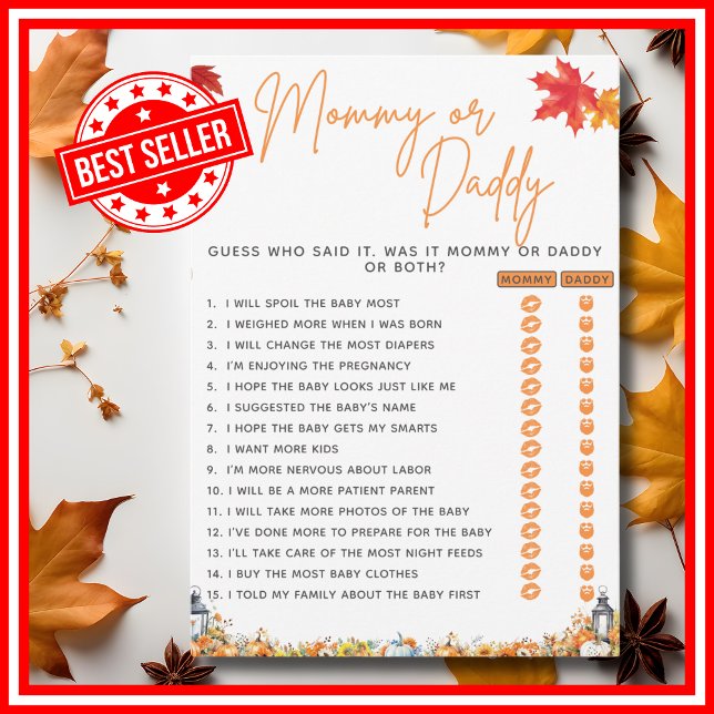 MAMMA ELLER DADDY Baby Shower spelade en liten pip Inbjudningar (MOMMY OR DADDY Baby Shower Game with Answers A Little Pumpkin is on the Way Theme )