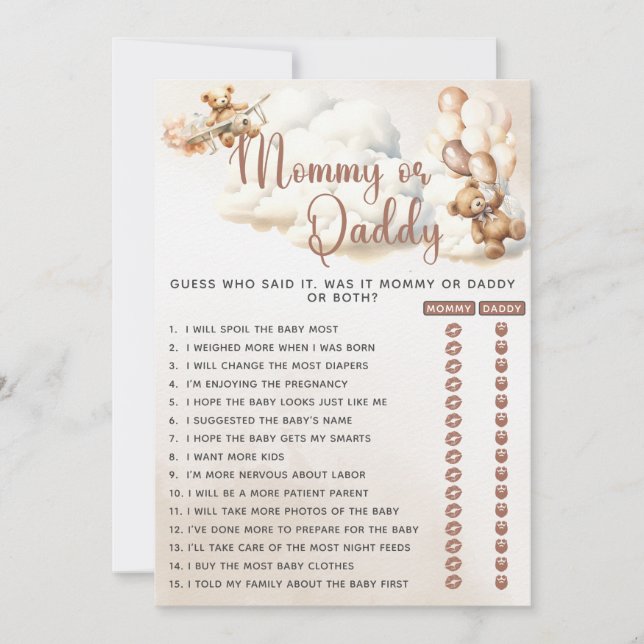 MAMMA ELLER PAPPA Baby Shower Lek Björn Ballonger Inbjudningar (Framsida)