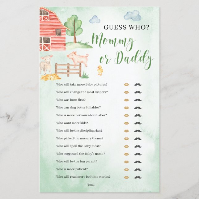 Mamma eller Pappa Baby Shower-spel boskap (Framsida)