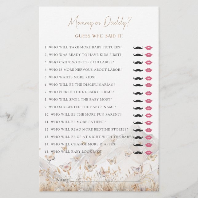 Mamma eller Pappa Baby Shower Spelkort (Framsida)
