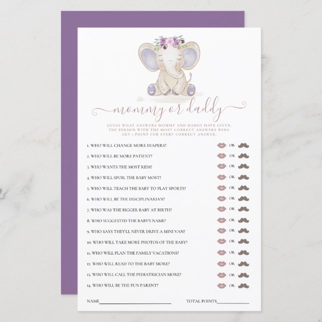 Mamma eller pappa Elephant Girl Baby Shower Game (Fram/baksida)