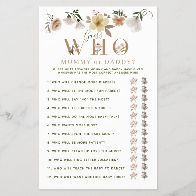 Mamma eller pappa Game Boho Blommigt Baby Shower Flygblad (Framsidan)