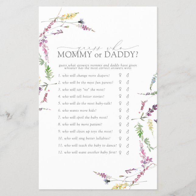 Mamma eller pappa Game Pastel Wildblommor Shower F Flygblad (Framsidan)