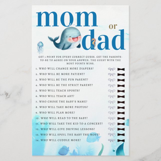 Mamma eller pappa gissar Baby Shower Game Cute Wha Flygblad (Framsidan)