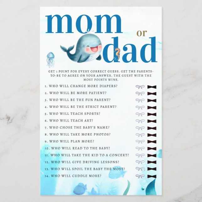 Mamma eller pappa gissar Baby Shower Game Cute Wha Flygblad (Framsidan)