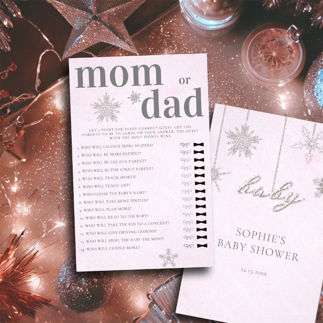 Mamma eller pappa gissar Baby Shower Rosa Winter Flygblad (mom or dad baby shower game pink christmas winter girl invitation rhinestones glitter snowflakes)