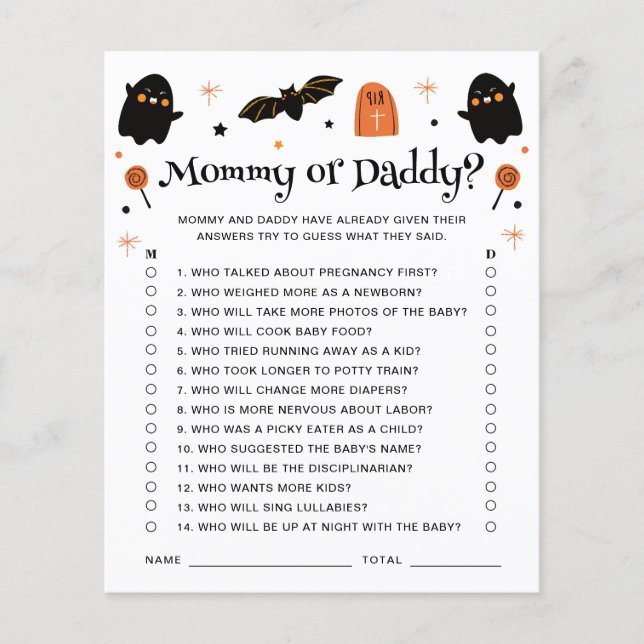 Mamma eller Pappa Halloween Baby Shower-spel (Framsida)