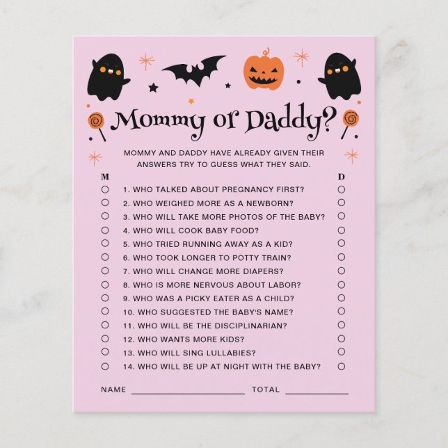 Mamma eller Pappa Halloween Häxig Bebis Shower Spe (Framsida)