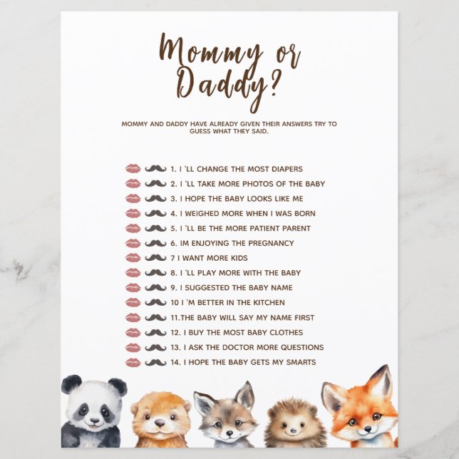 Mamma eller Pappa Skogs Djur Baby Shower Lek (Framsida)