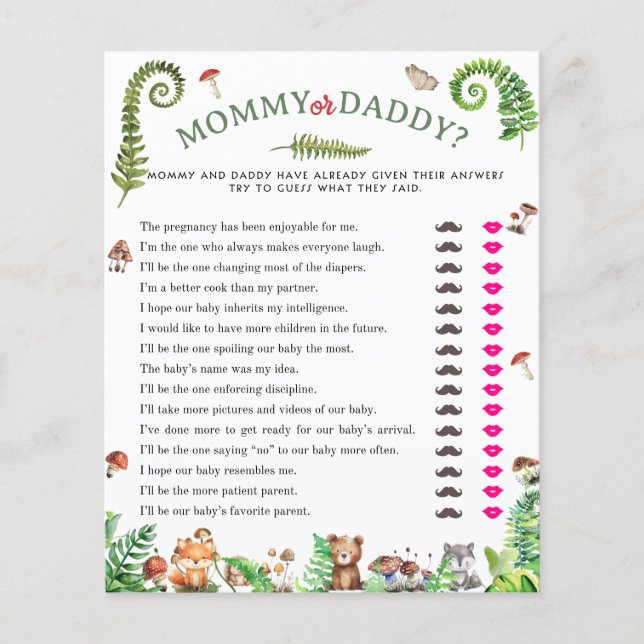 Mamma eller pappa skogs djur baby shower spel (Framsida)