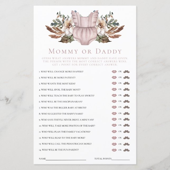Mamma eller Pappa Söt Boho Kläder Baby Shower Spel (Framsida)