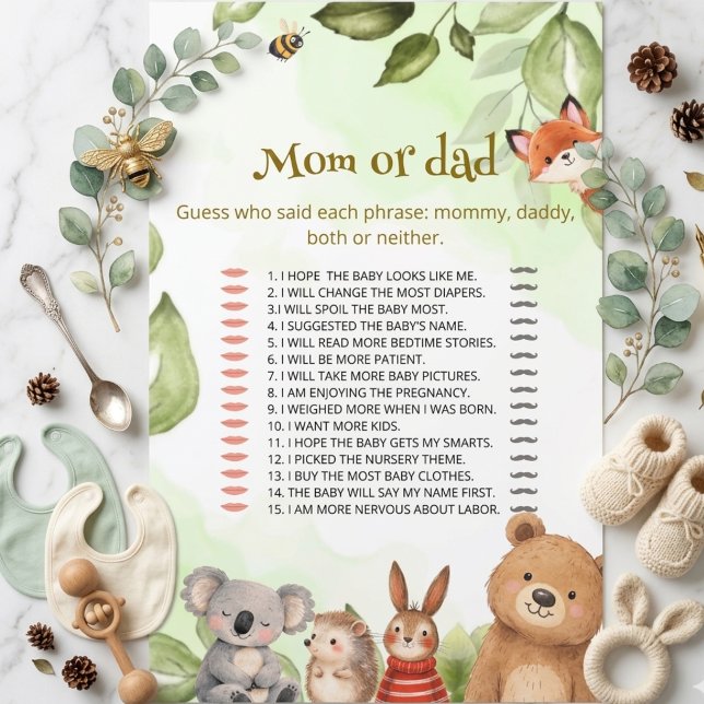 Mamma eller Pappa spelkort Skogsmarks baby shower (Skapare uppladdad)
