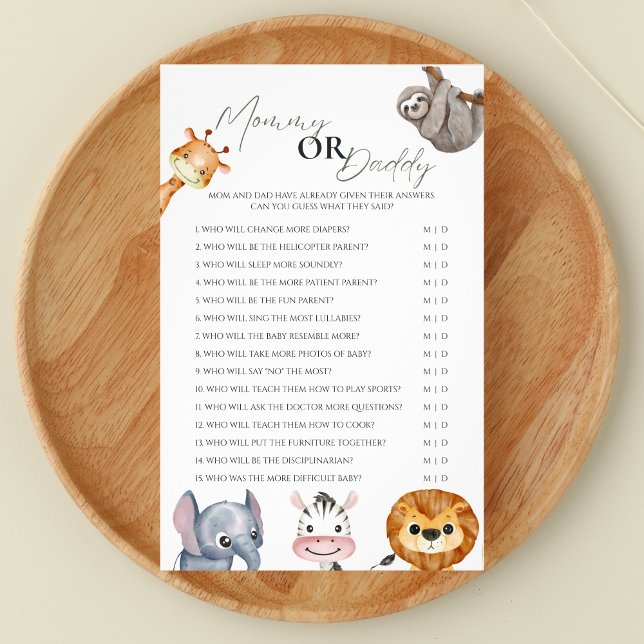 Mamma eller pappa Vild ett babyvisningsspel Flygblad (Safari-inspired 'Mommy or Daddy' baby shower game - A Little Wild One theme




)