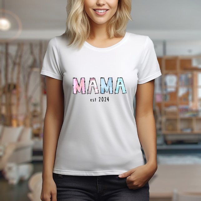 Mamma est Womens Basic T-shirt (Mama est 20xx design with editable text and watercolor doodle letters)