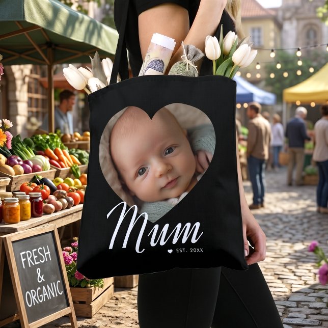 Mamma Establerad Skript Hjärtfoto Svart Tygkasse (Skapare uppladdad)