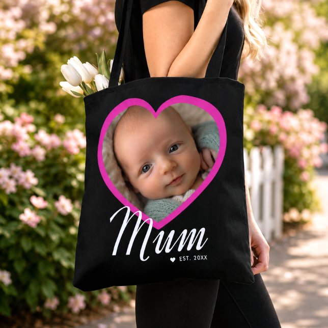 Mamma Establerad Skript Rosa Hjärtfoto Svart Tygkasse (Skapare uppladdad)