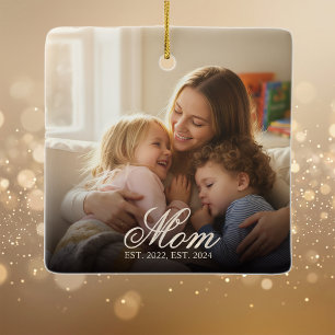 Mamma Establerad Vit Elegant Skrift Foto Julgransprydnad Keramik