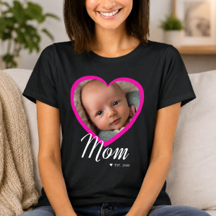 Mamma Establerade Skript Rosa Hjärtfoto Svart T Shirt