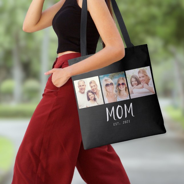 Mamma Established Script Svart 3 Foto Tygkasse (A stylish tote bag with three photos and customizable "Mom Est. 2021" text in white on black)