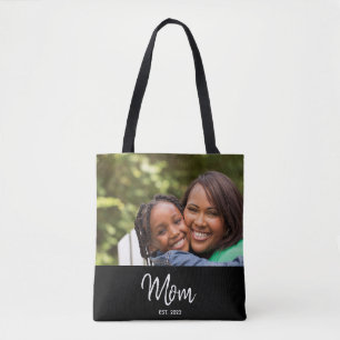 Mamma Established Skrift Svart Foto Tote Väska