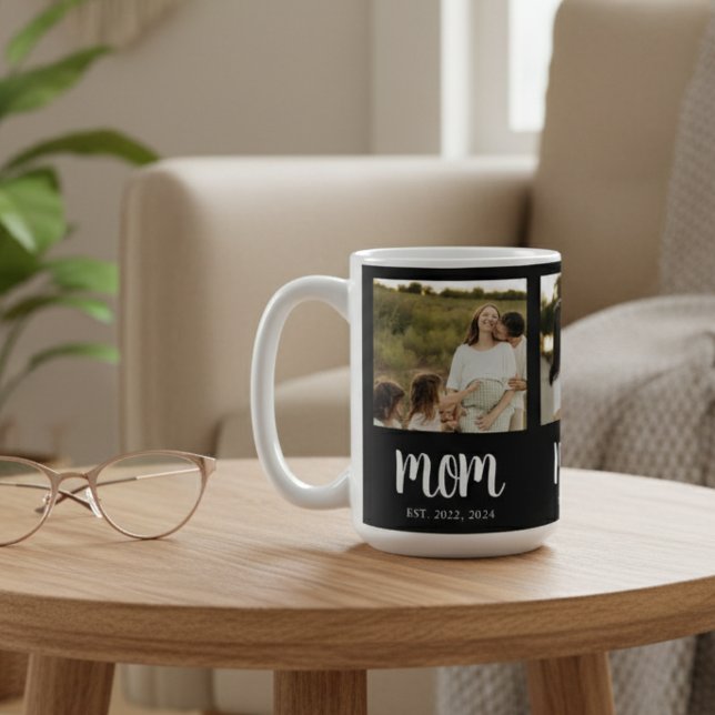 Mamma Estalished Script Svart 3 Foto Kaffemugg (modern black and white mom established coffee mug with 3 photos and date for mothers day christmas)
