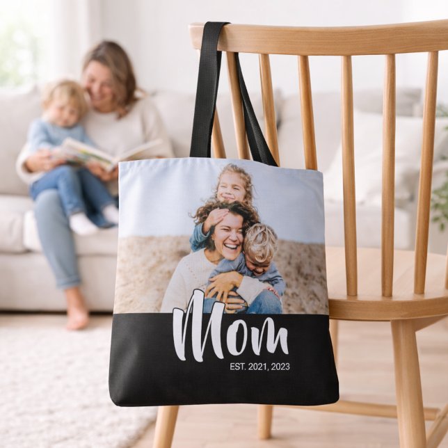 Mamma Estalished Script Svart Foto Tygkasse (Mom Established Script Black Photo Tote Bag)