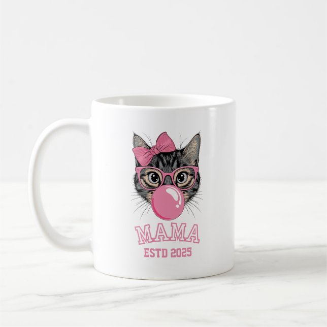 Mamma Estd 2025 Cute Cat Anpassningsbar år Kaffemugg (Vänster)