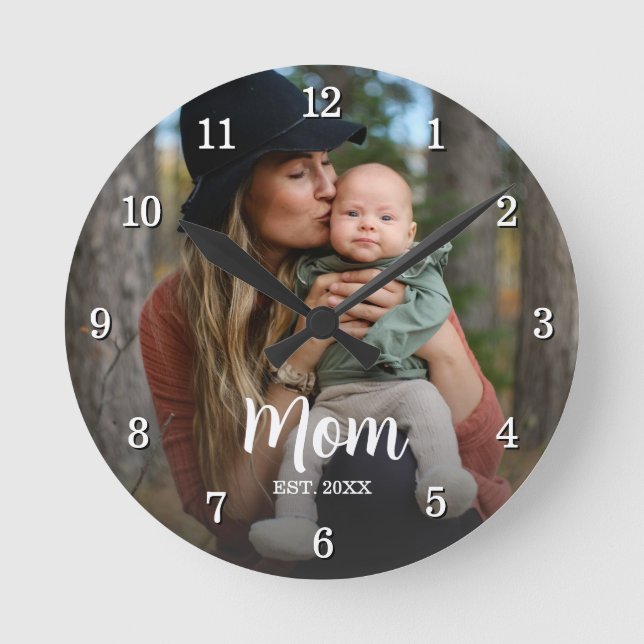 Mamma Etablerad Skript Typografi Foto År Est  Rund Klocka (Framsida)