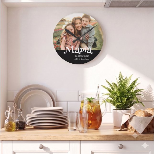 Mamma etablerade foto barn namn kul text rund klocka (Skapare uppladdad)