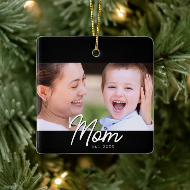 Mamma Etablerade Foto Svart Script Minimal Elegant Julgransprydnad Keramik (Träd)