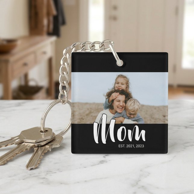 Mamma Etablerade Modern Skrift Foto (Mom Established Modern Script Photo Keychain)
