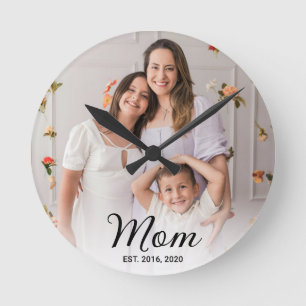 Mamma etablerade modern svart skript fotobild rund klocka