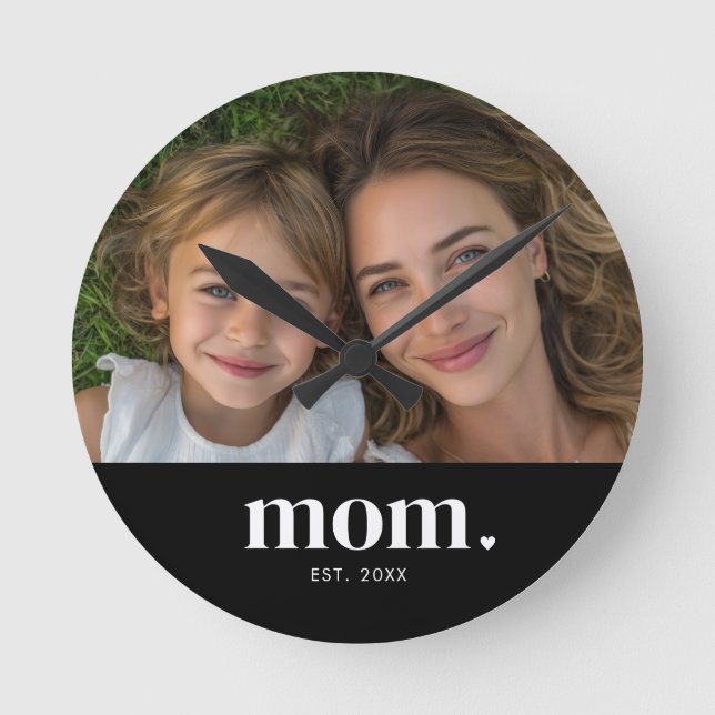 Mamma Etablerade Modern Vit Minimalistisk Foto Rund Klocka (Framsida)
