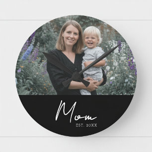 Mamma Etablerade Modern Vit Skrift Foto Rund Klocka
