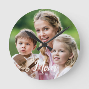 Mamma etablerade modern vit skript foto rund klocka
