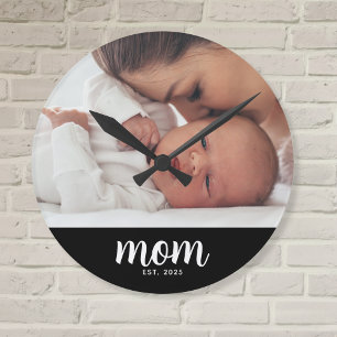 Mamma etablerade modern vit skriptfoto rund klocka
