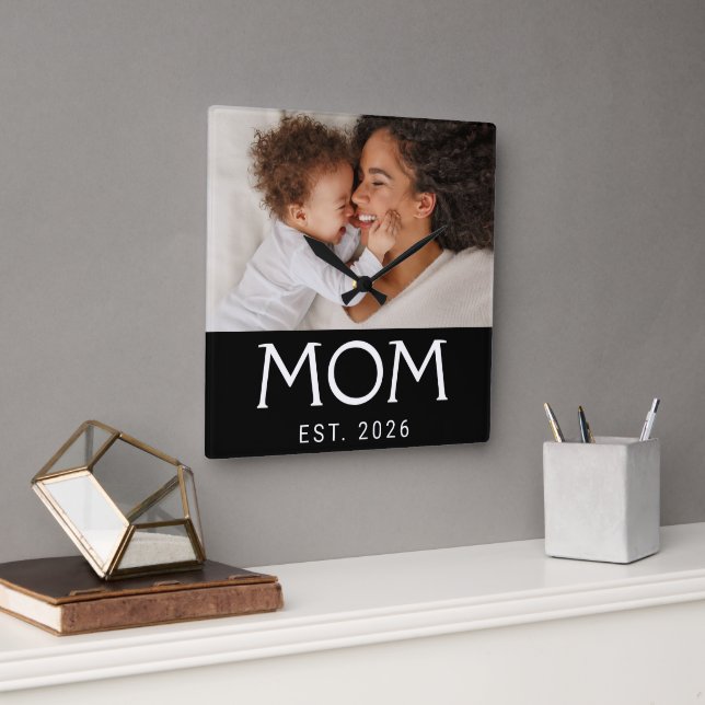 Mamma Etablerade Modern Vit Typografi Foto Fyrkantig Klocka (Kontor)