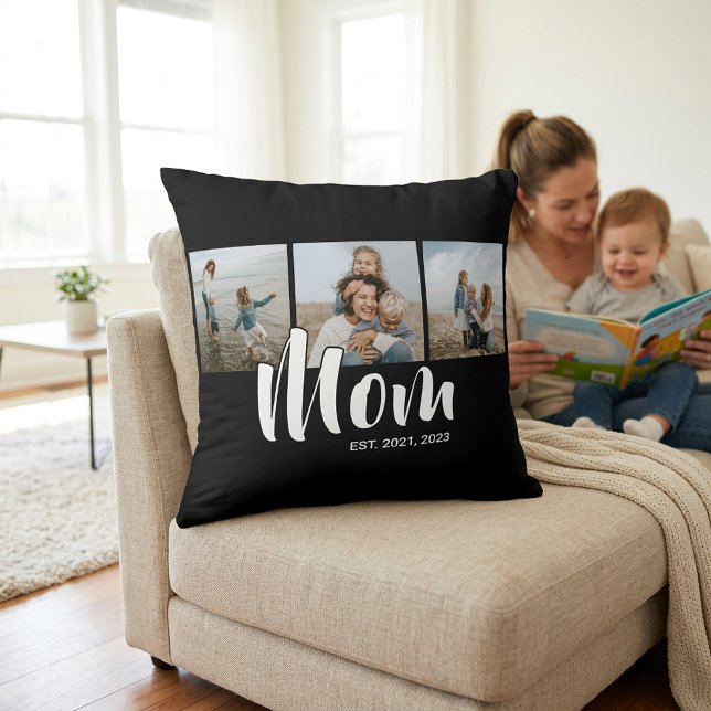 Mamma etablerade modernt skript Svart 3 Foto Kudde (Mom Established Modern Script Black 3 Photo Throw Pillow)