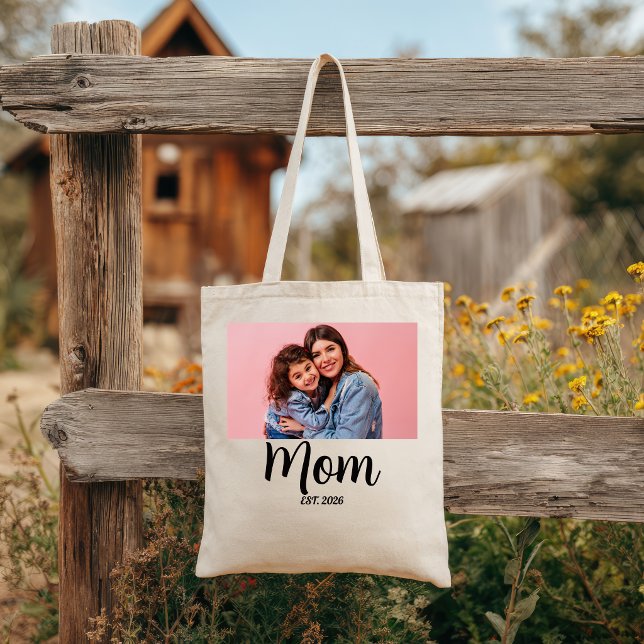 Mamma Etablerade Skript Svart Foto Mors Dag Mamma Tygkasse (Mom Established Script Black Photo Mothers Day Mum Tote Bag)