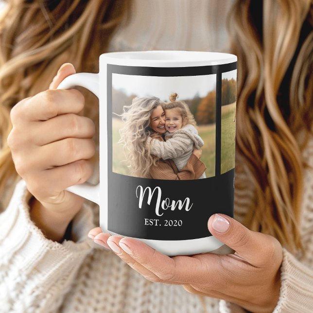 Mamma Etablerade Skript Svart och Vitt 3 Foto Kaffemugg (Mom established 3 photo personalized mug gift)