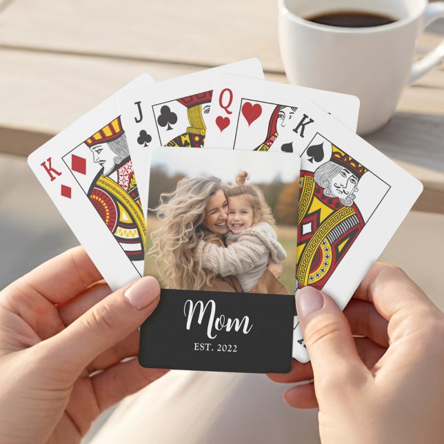 Mamma Etablerade Skript Text Svart Foto Casinokort (Mom established in white script with a favorite personalized photo)