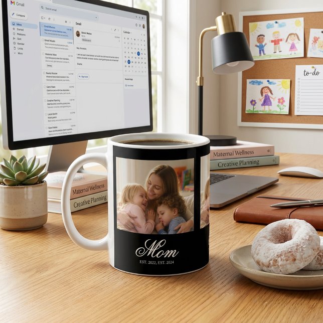 Mamma Etablerade Skript Vitt 3 Foto Kaffemugg (Mom Established Script White 3 Photo Coffee Mug)